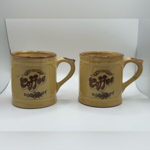 Vintage 70s ‘Fine Quality Coffee’ Mushroom Ceramic Mugs - Set of 2 Spice Brown